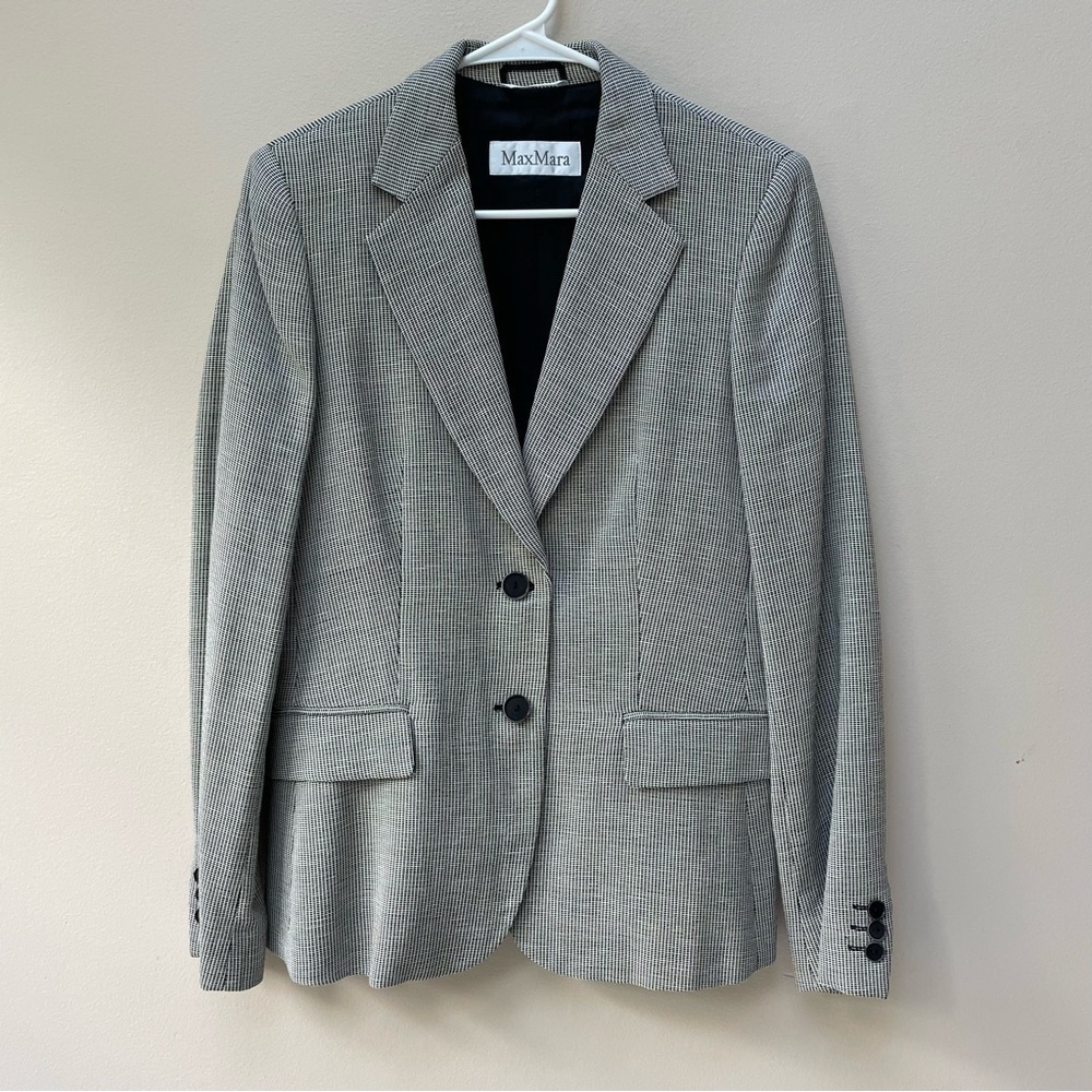 Max Mara Made in Italy Wool Linen Blend Gray Black White Textured Blazer Size 10